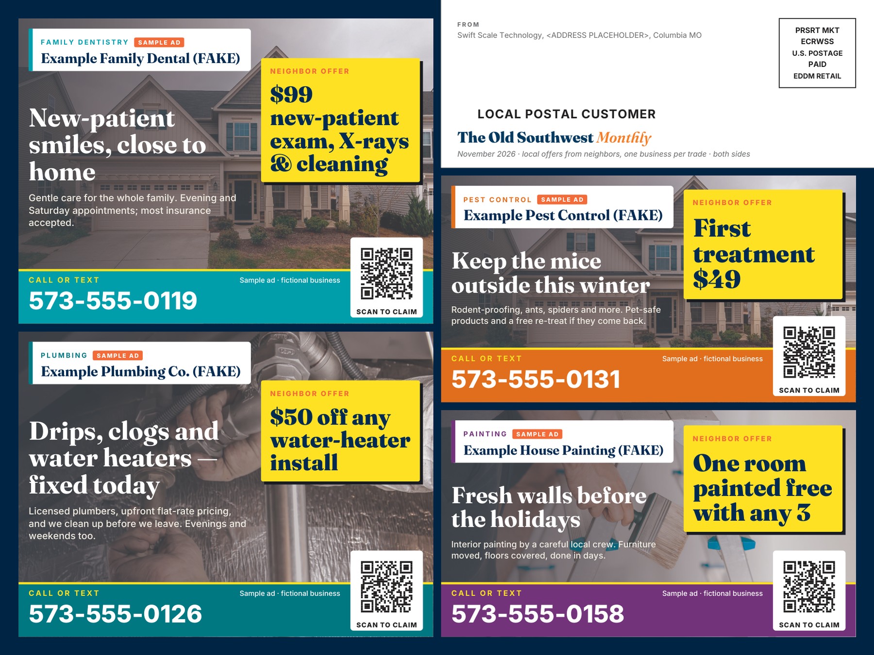 Card back: USPS mailing panel and four ads