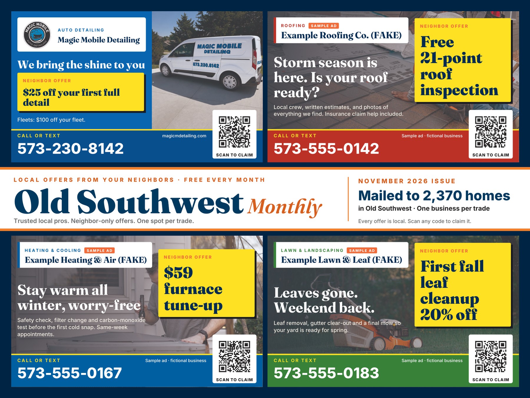 Card front: masthead and four ads